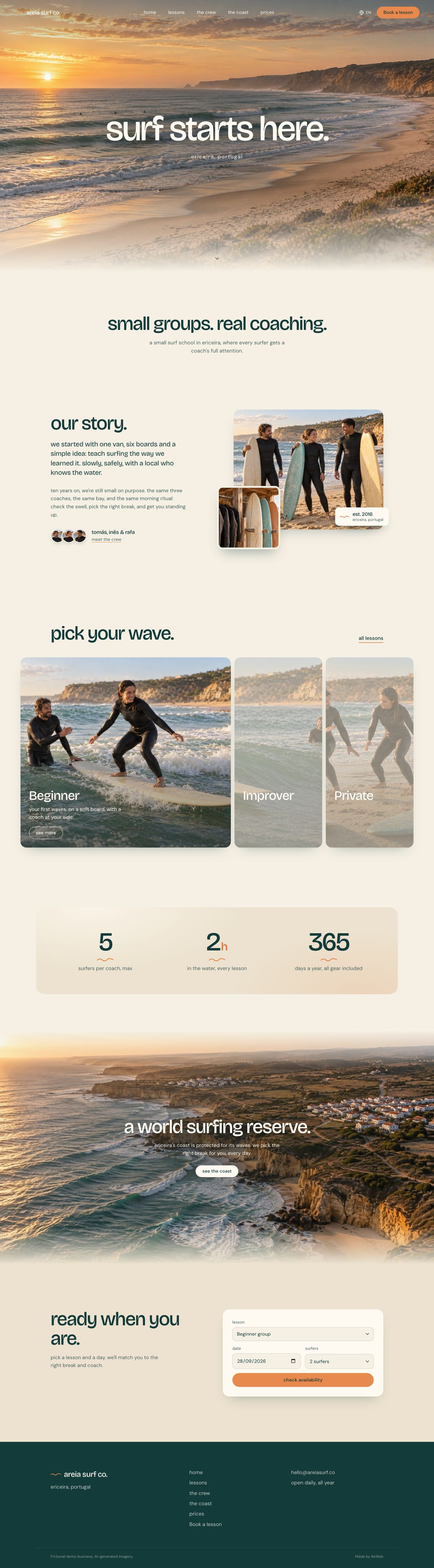 The Areia Surf Co. demo site scrolling from 'surf starts here.' down through lessons, prices and booking