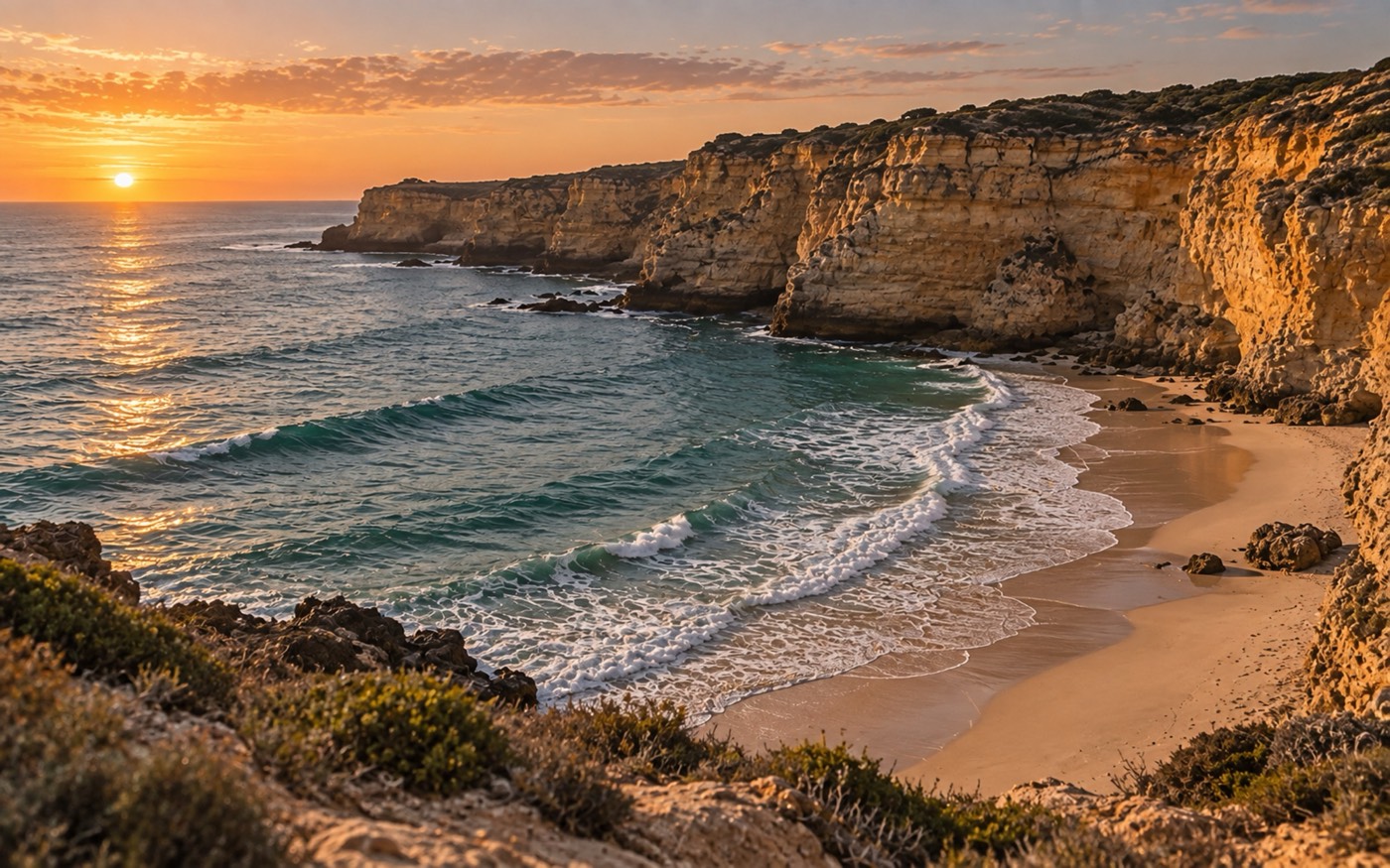 A small sheltered cove under tall golden cliffs