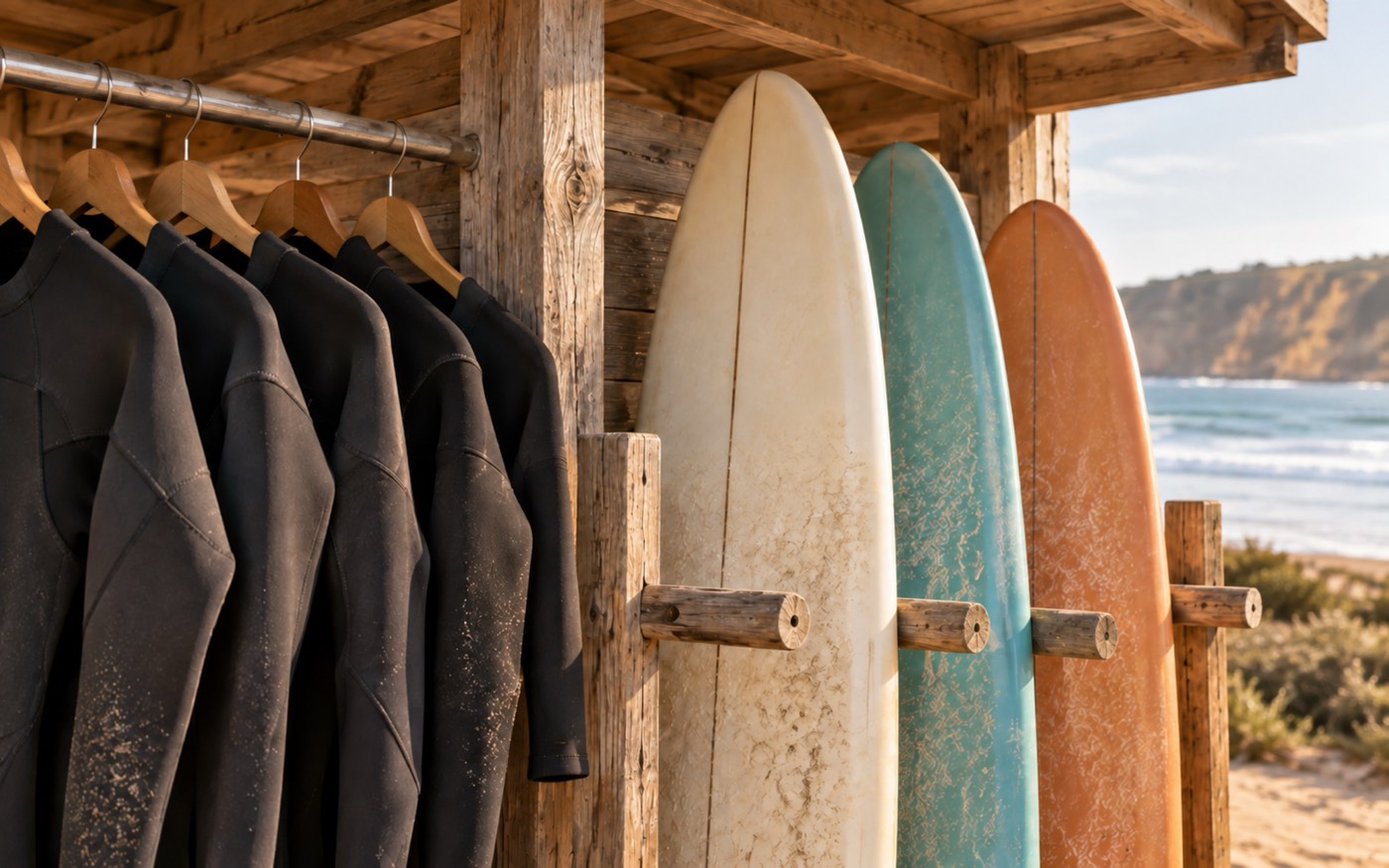 Wetsuits and boards racked in the surf shack