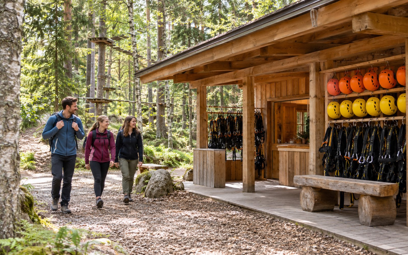 Visitors arriving at the timber base camp hut, helmets and harnesses on the racks