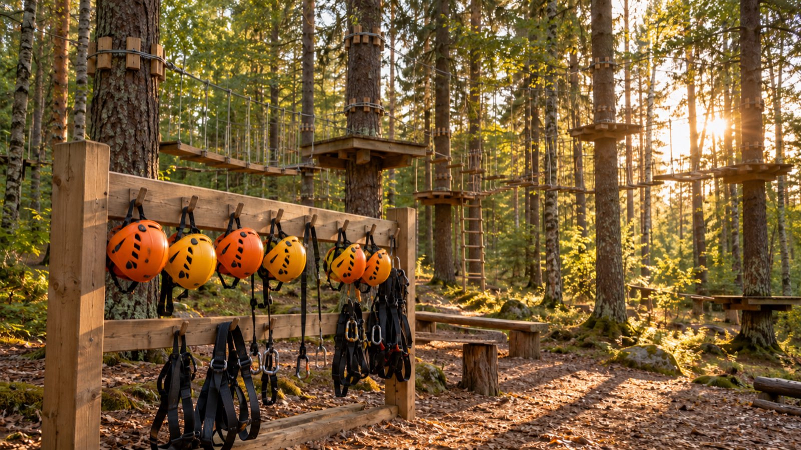 Helmets hanging on a rack at base camp in the late afternoon sun