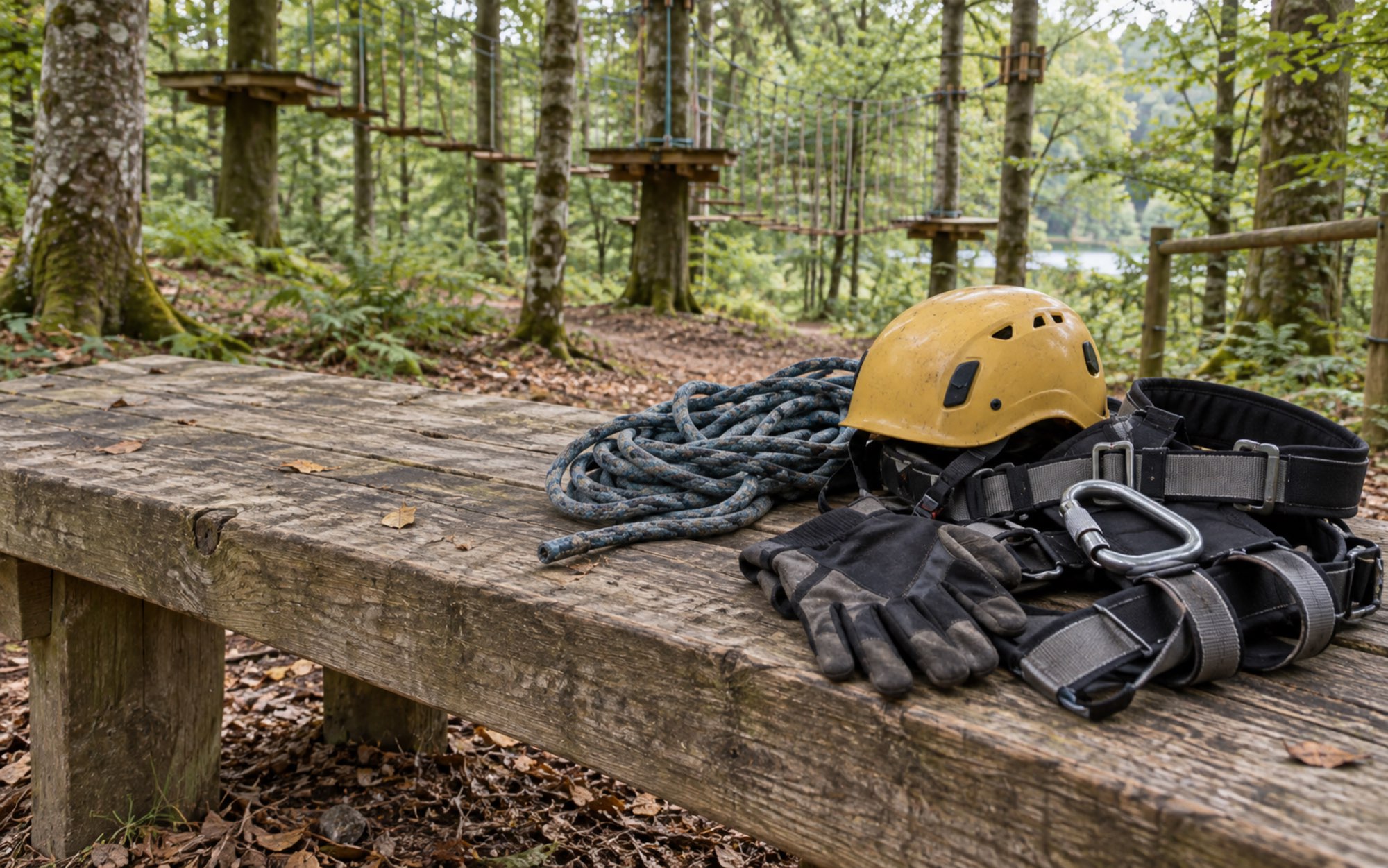 Helmet, harness, rope and gloves on a wooden bench