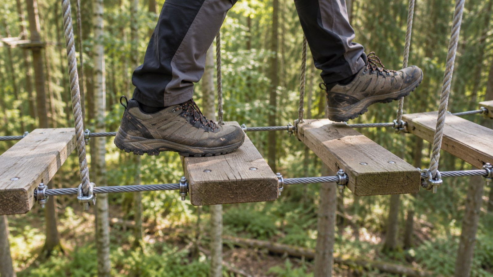 Hiking shoes stepping across a hanging wooden plank