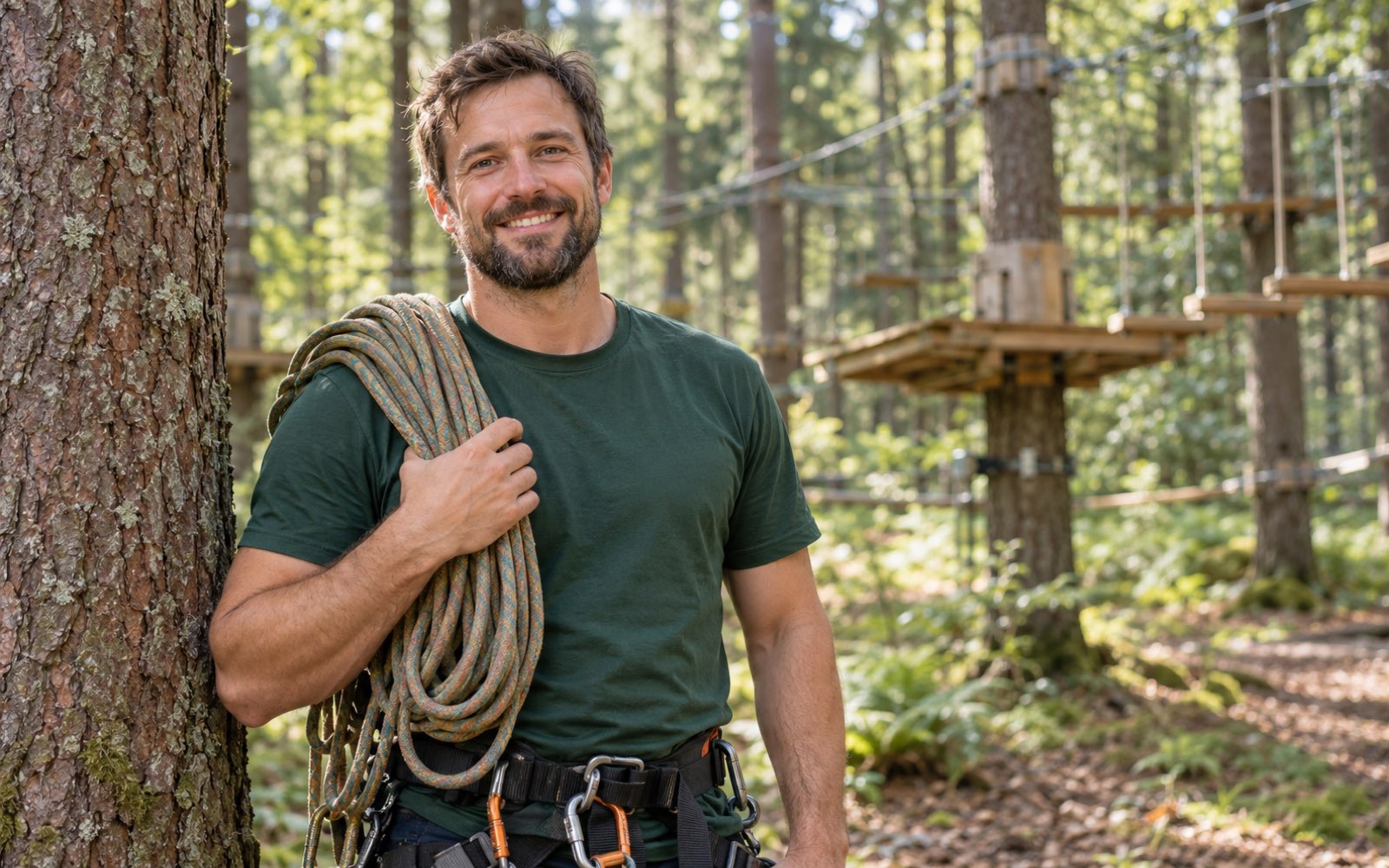 Jonas, the head instructor, with a coil of rope over his shoulder