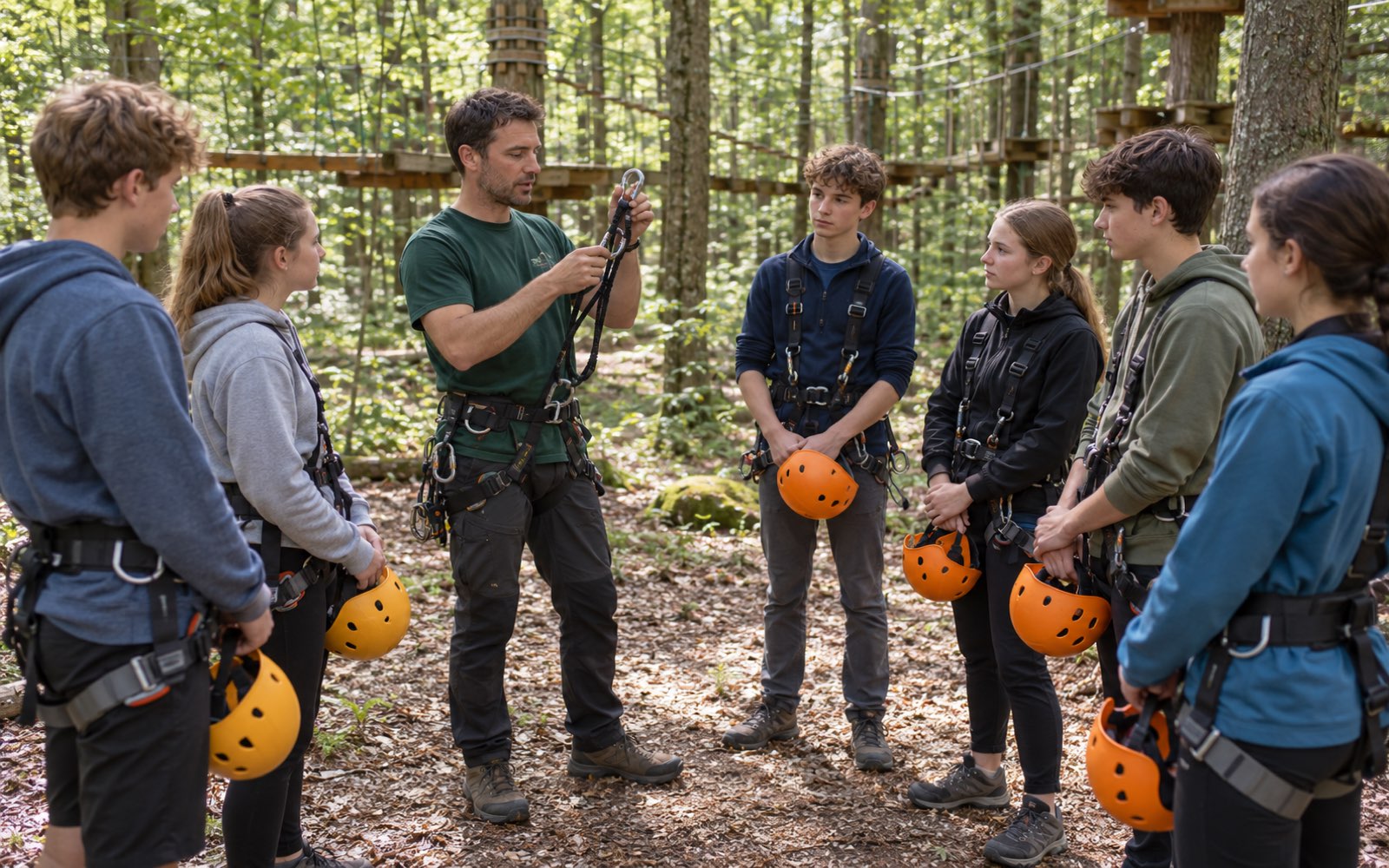 An instructor briefing a school class on the forest floor