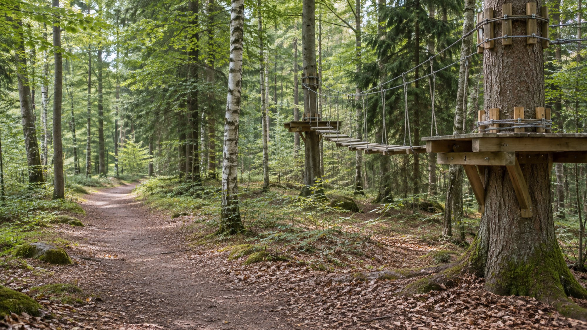 A forest path between birch and pine trees, rope bridges overhead